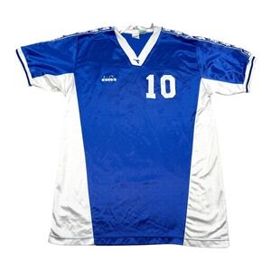 Vintage Diadora Soccer Shirt Mens XL Blue White Jersey Number 10 90s Top